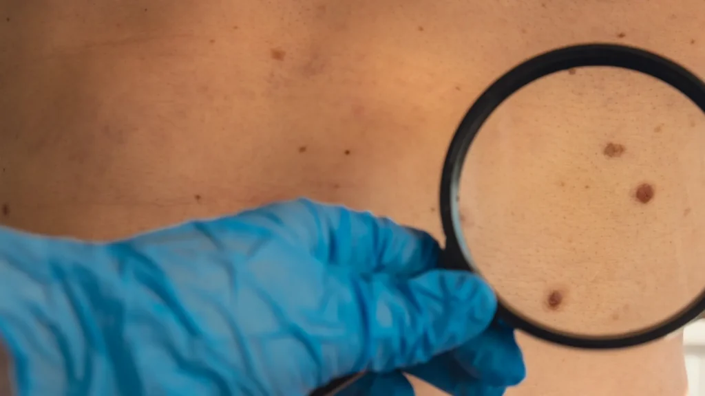 Dermatóloga examinando manchas en la piel de una paciente adulta con dermatoscopio en consulta médica