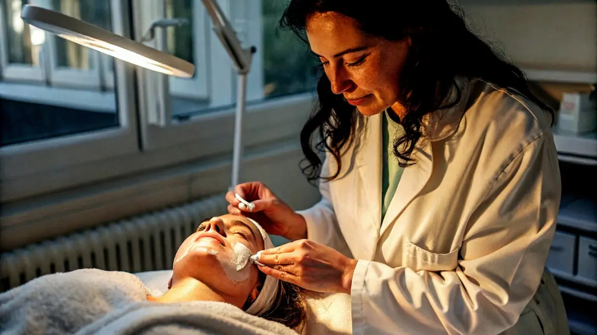 Dermatóloga aplicando microneedling facial a paciente en clínica de Quito
