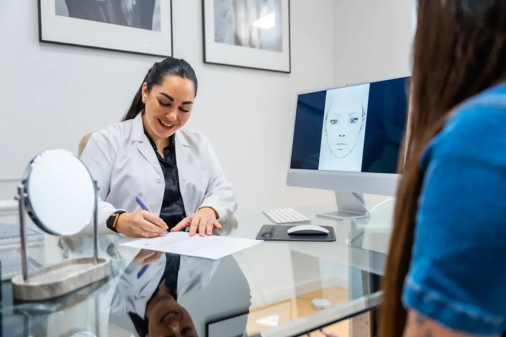Paciente en consulta de valoración dermatológica previa a un tratamiento con exosomas en Quito